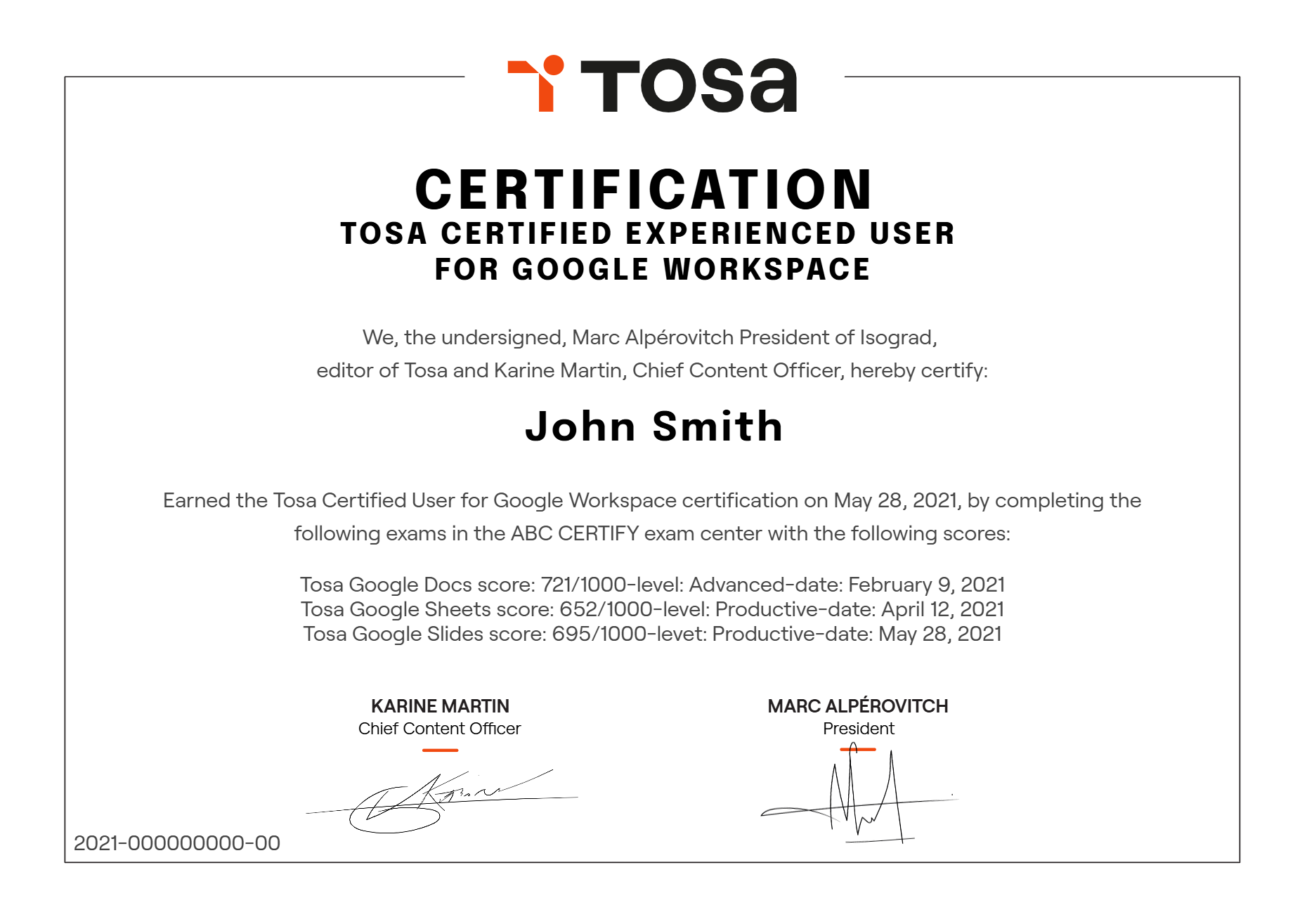 Tosa Certified Experienced User for Google Workspace diploma