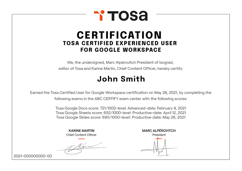 Tosa Certified Experienced User for Google Workspace diploma