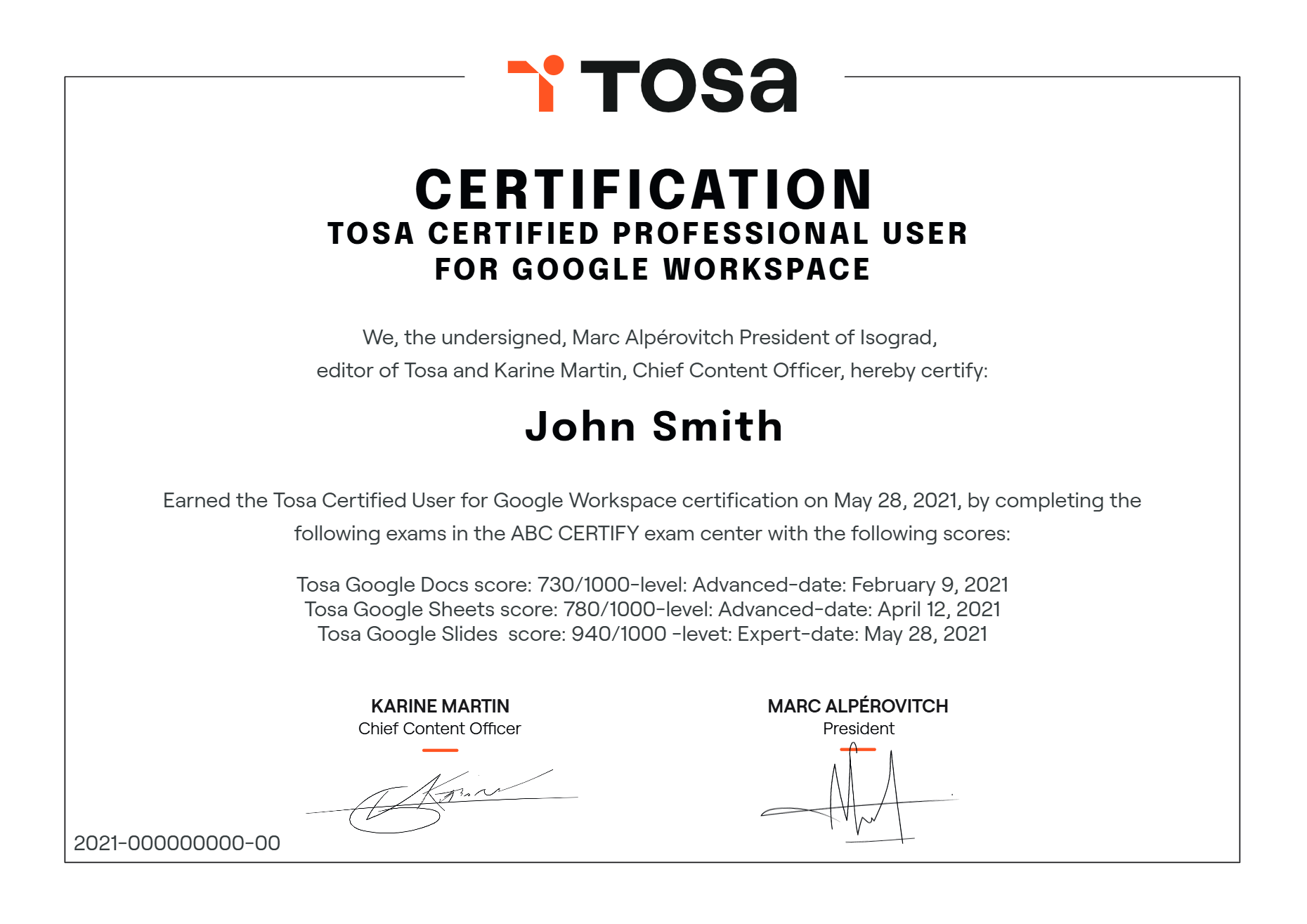 Tosa Certified Professional User for Google Workspace diploma