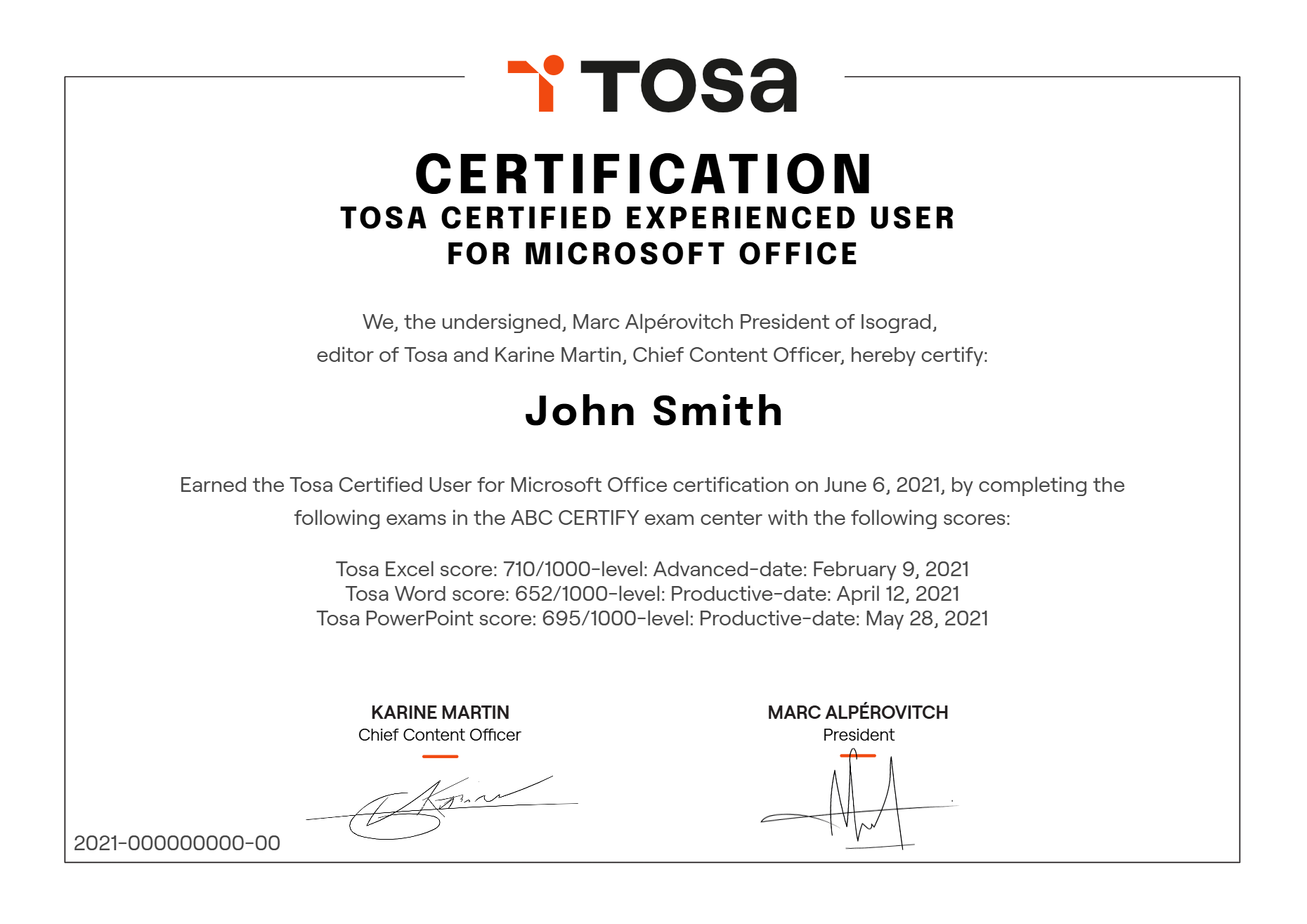 Tosa Certified Experienced User for Microsoft Office diploma