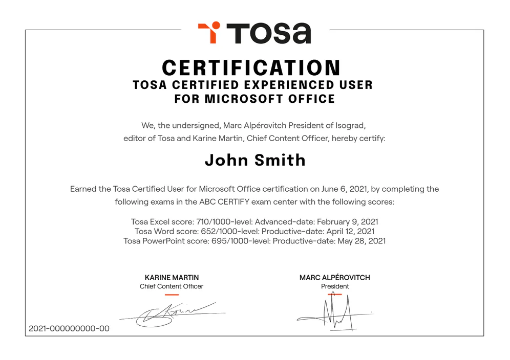 Tosa Certified Experienced User for Microsoft Office diploma