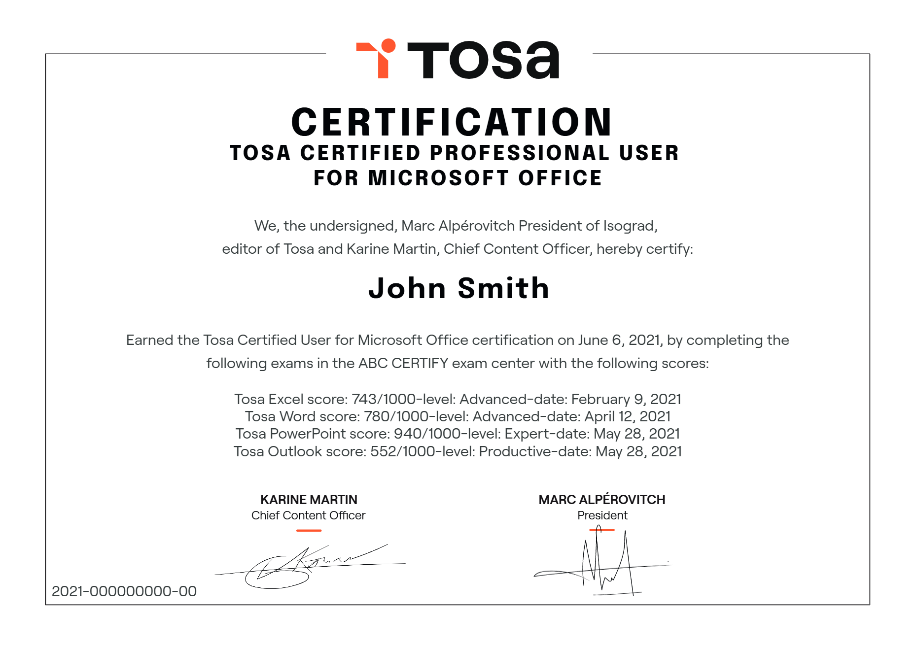 Tosa Certified Professional User for Microsoft Office diploma
